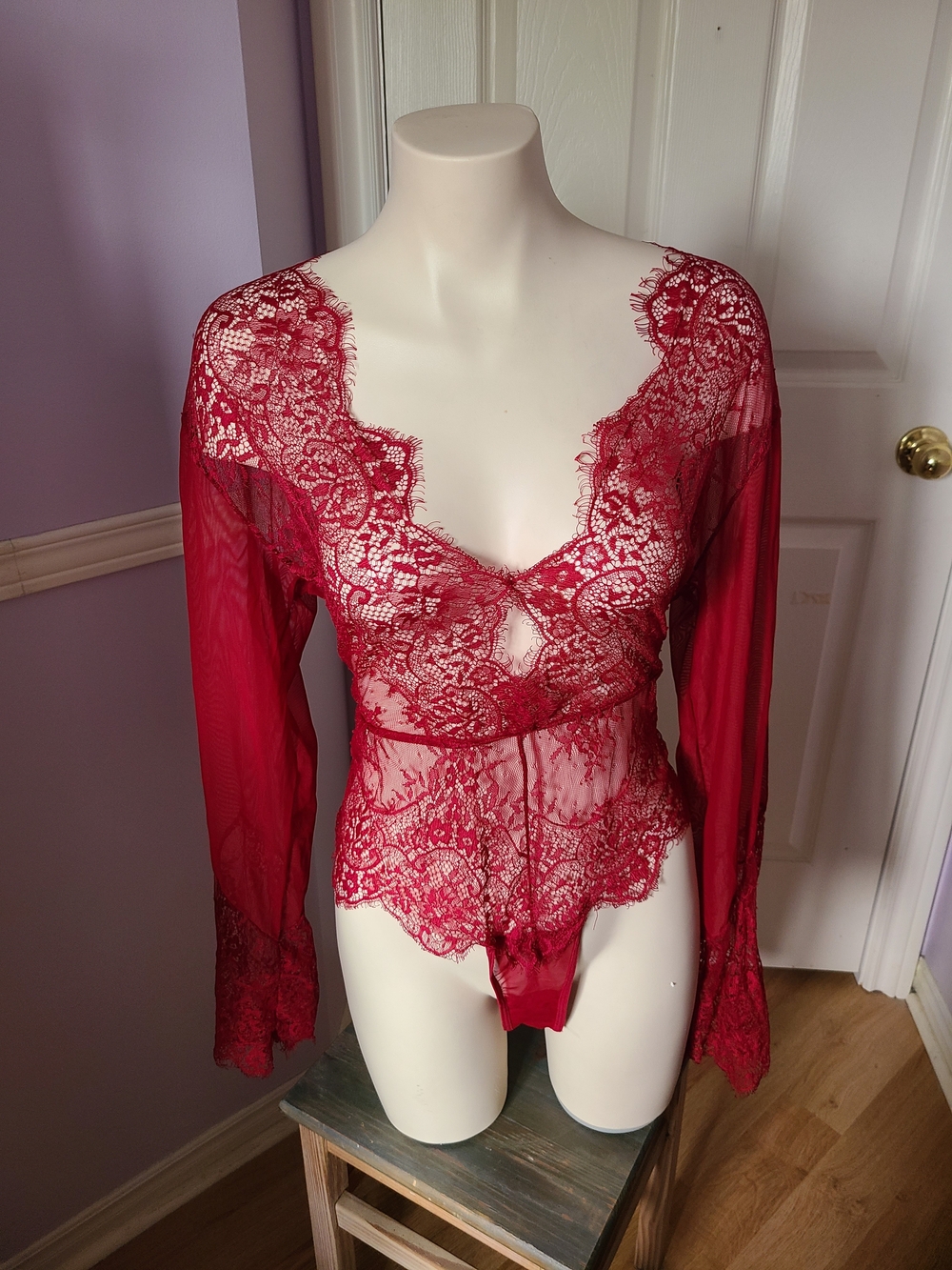 SHEIN Red Lace Long-Sleeve Sheer Bodysuit